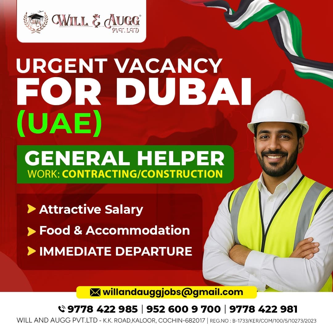 Will & Augg recruitment flyer — urgent vacancy for Dubai (UAE): general helper (contracting/construction)