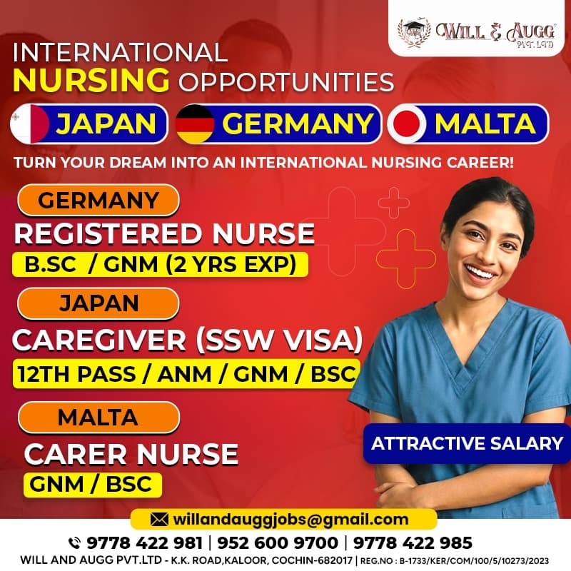 Will & Augg recruitment flyer — international nursing opportunities in Germany, Japan, and Malta